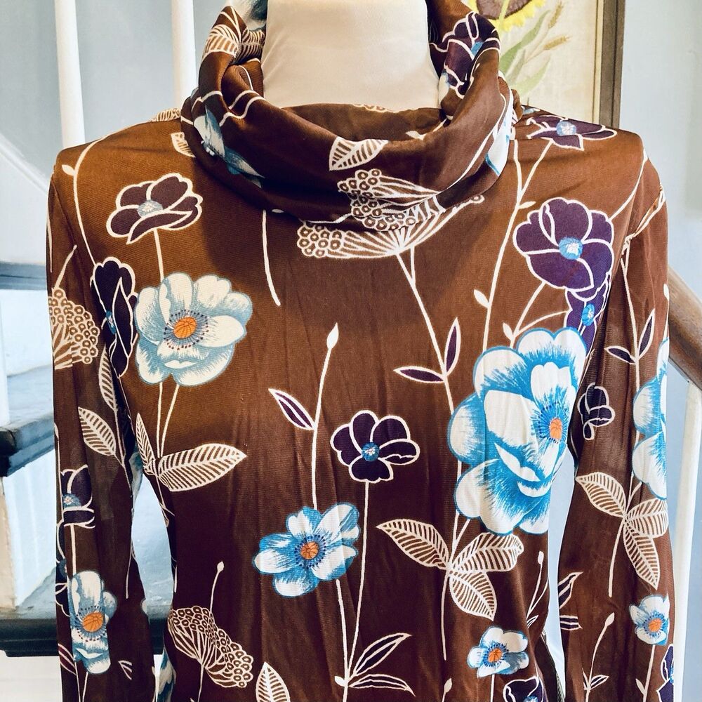 1970s Brown Floral Psychedelic Flower Power Disco Art Nouveau Cowl Neck Top - Picture 2 of 9